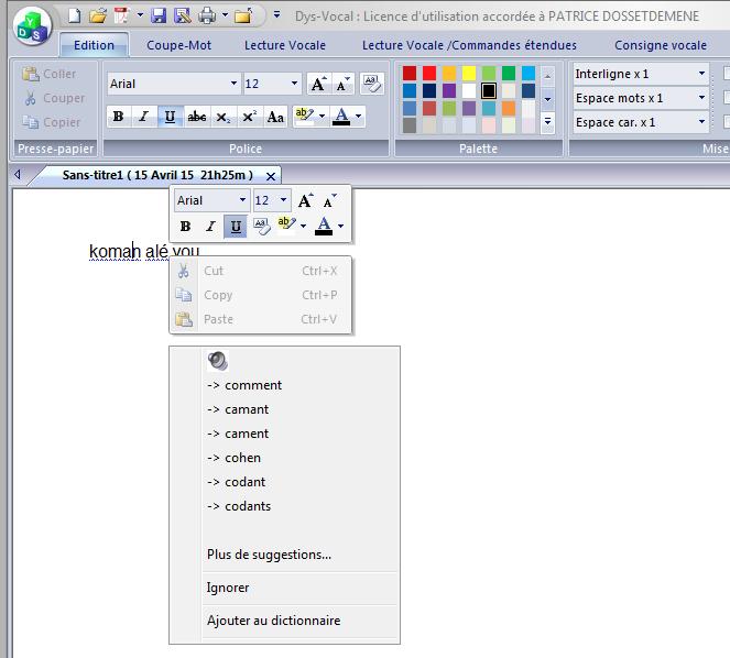 menu contextuel correction